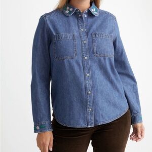 & Other Stories Floral Embroidery Blue Denim Shirt Pearl Snap Button Size XS (2)